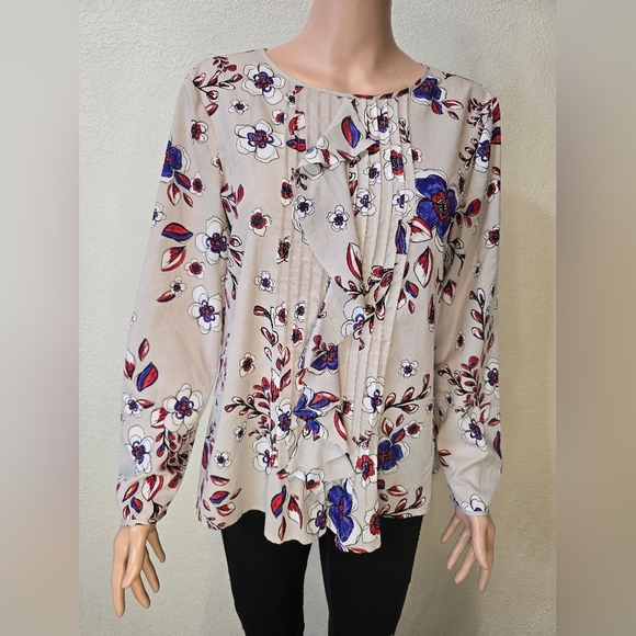 Banana Republic Women's Med Gray Red Blue Floral Long Sleeve Blouse Lightweight - Picture 8 of 8